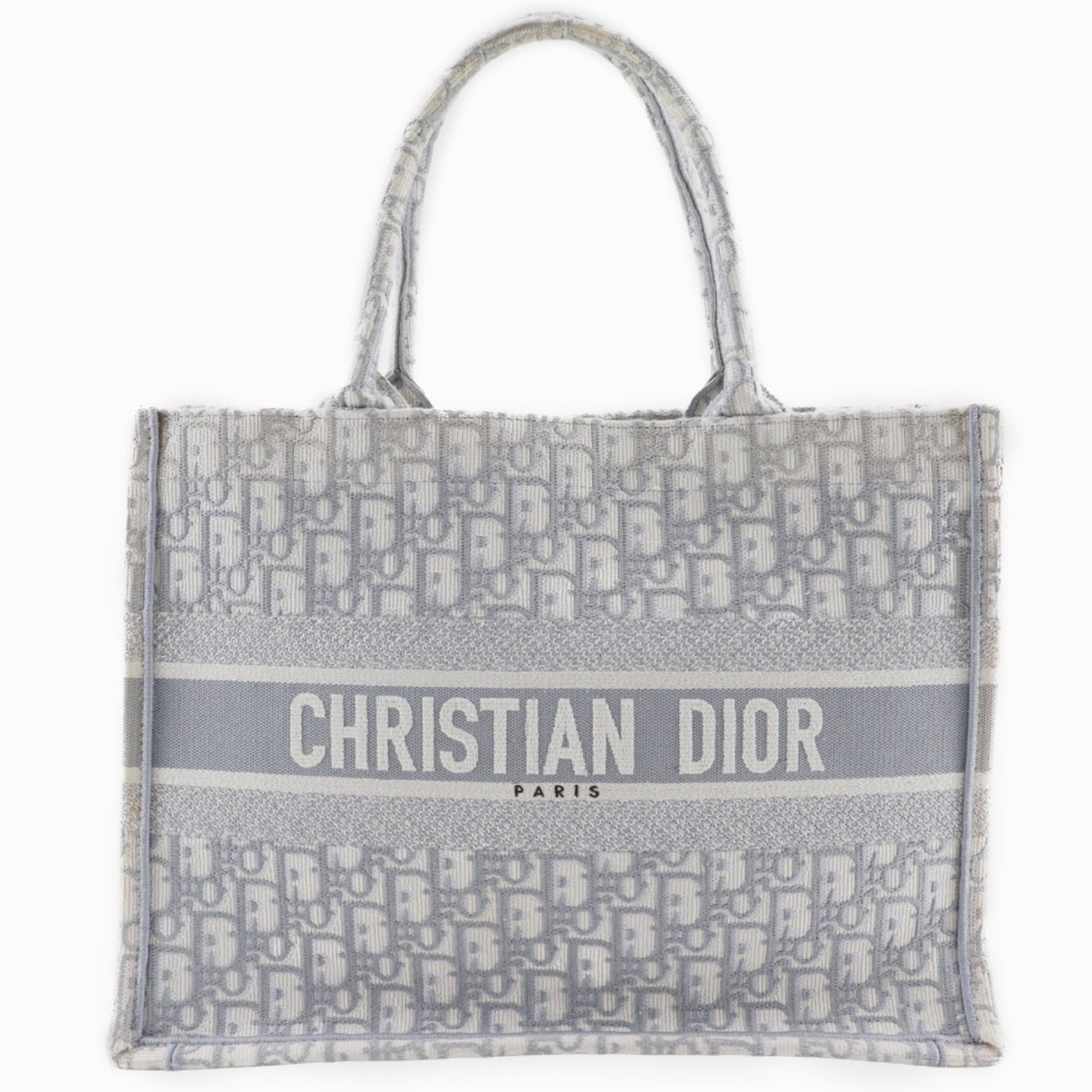 CRD Dior Book Tote Medium Bag, Oblique Embroidery, Cotton, Made in Italy, Light Gray, A4 Size, Open, Women's