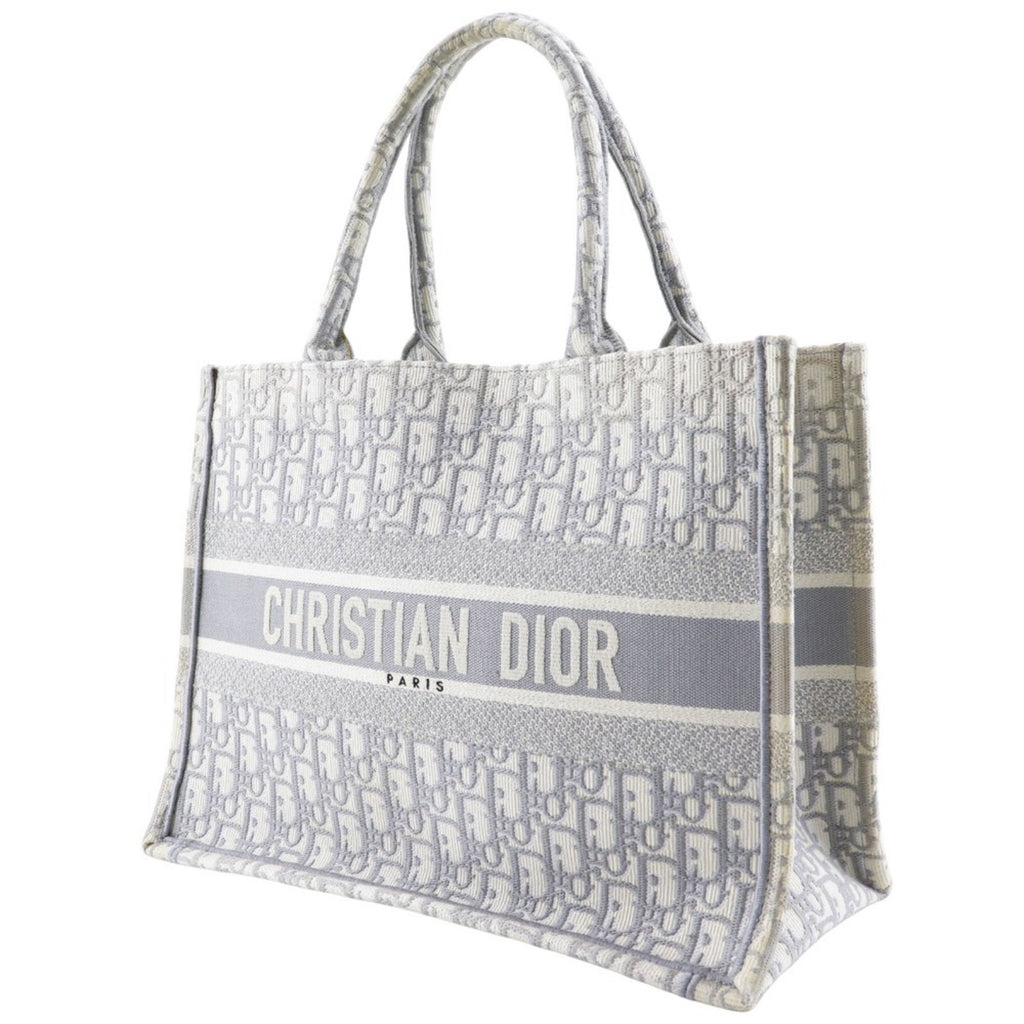 CRD Dior Book Tote Medium Bag, Oblique Embroidery, Cotton, Made in Italy, Light Gray, A4 Size, Open, Women's