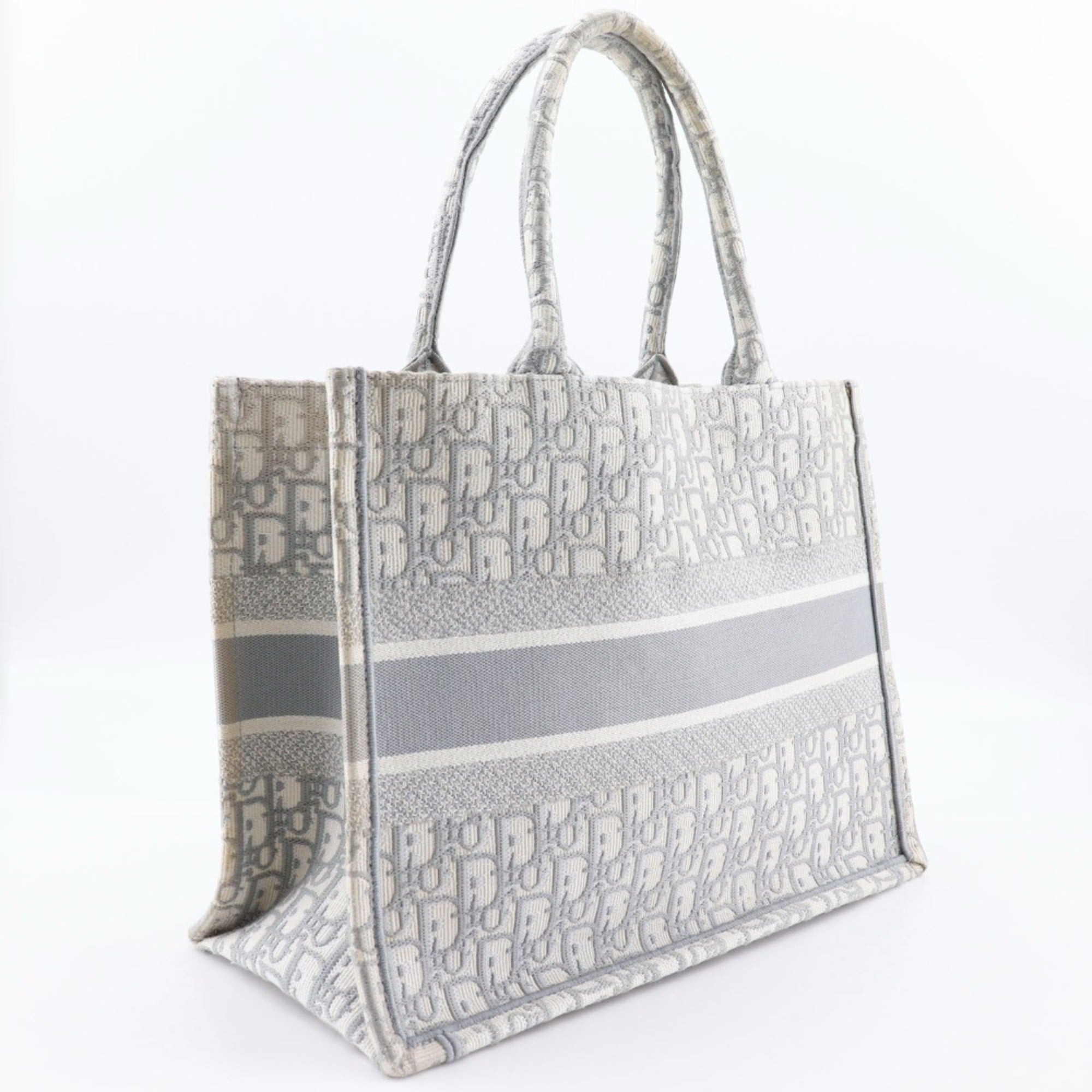 CRD Dior Book Tote Medium Bag, Oblique Embroidery, Cotton, Made in Italy, Light Gray, A4 Size, Open, Women's