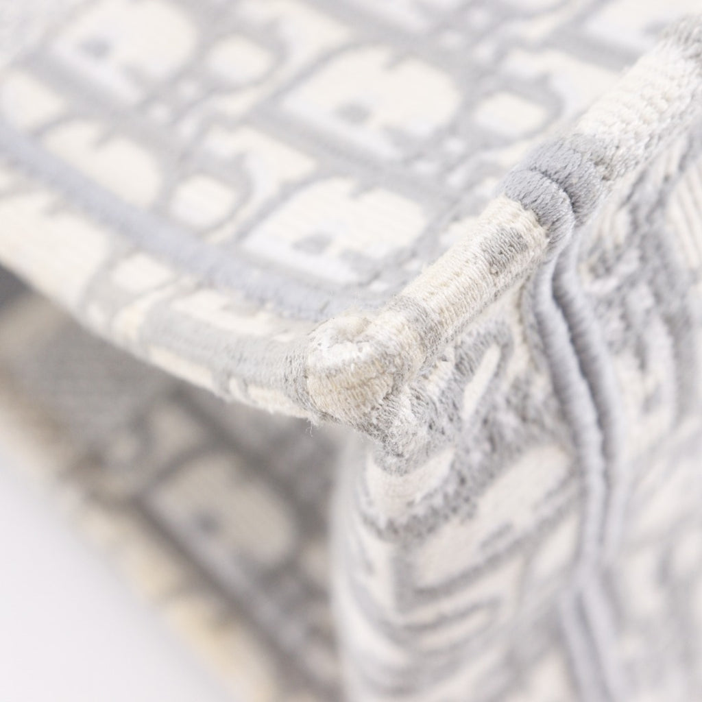 CRD Dior Book Tote Medium Bag, Oblique Embroidery, Cotton, Made in Italy, Light Gray, A4 Size, Open, Women's