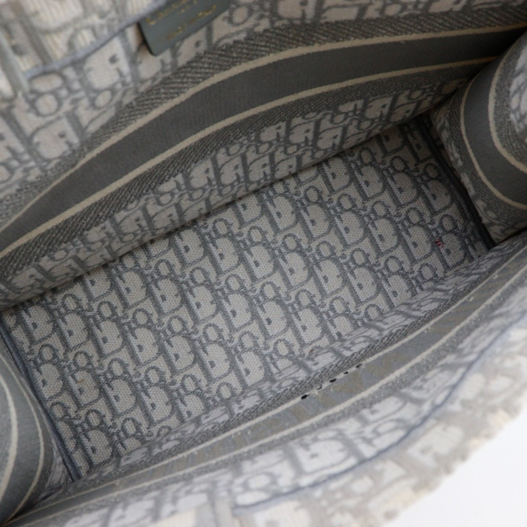 CRD Dior Book Tote Medium Bag, Oblique Embroidery, Cotton, Made in Italy, Light Gray, A4 Size, Open, Women's