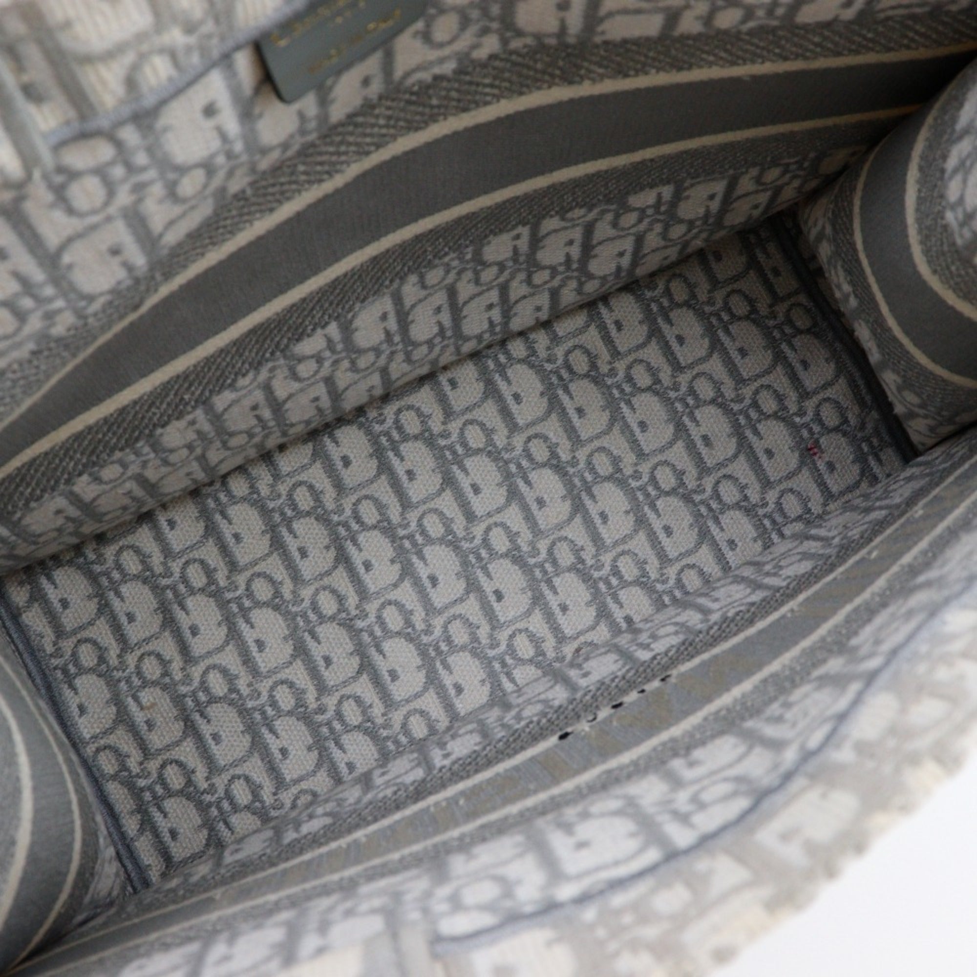 CRD Dior Book Tote Medium Bag, Oblique Embroidery, Cotton, Made in Italy, Light Gray, A4 Size, Open, Women's