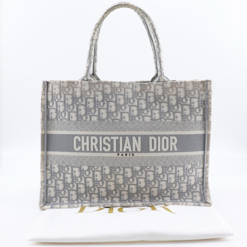 CRD Dior Book Tote Medium Bag, Oblique Embroidery, Cotton, Made in Italy, Light Gray, A4 Size, Open, Women's