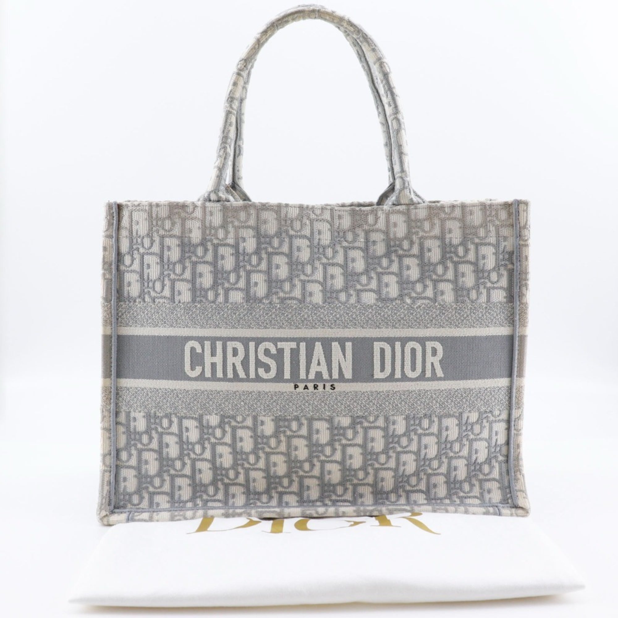 CRD Dior Book Tote Medium Bag, Oblique Embroidery, Cotton, Made in Italy, Light Gray, A4 Size, Open, Women's