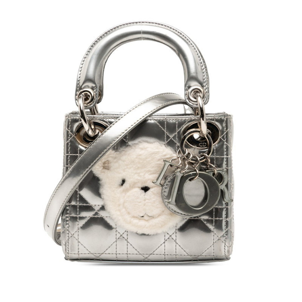 CRD Dior Dior Cannage, Baby Dior, Lady Nano handbag/shoulder bag, 2-way, silver patent leather and fur, women's