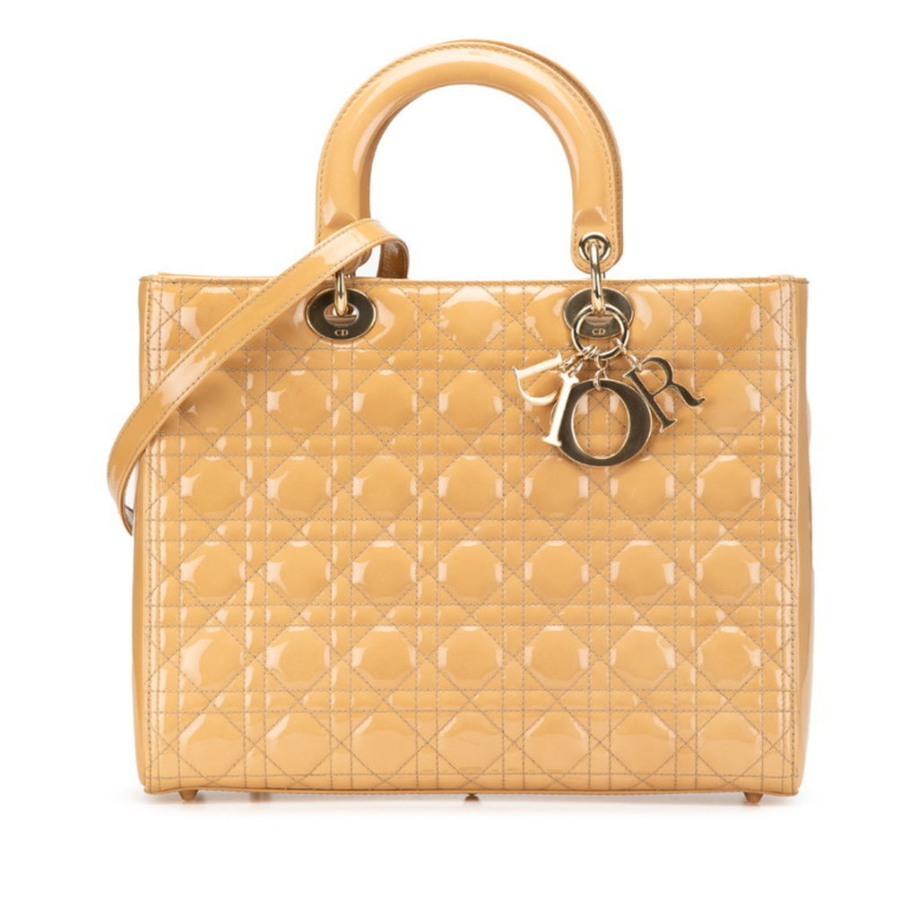 CRD Dior Dior Cannage Lady Large Handbag/Shoulder Bag, 2-Way, Beige Patent Leather, Women's,