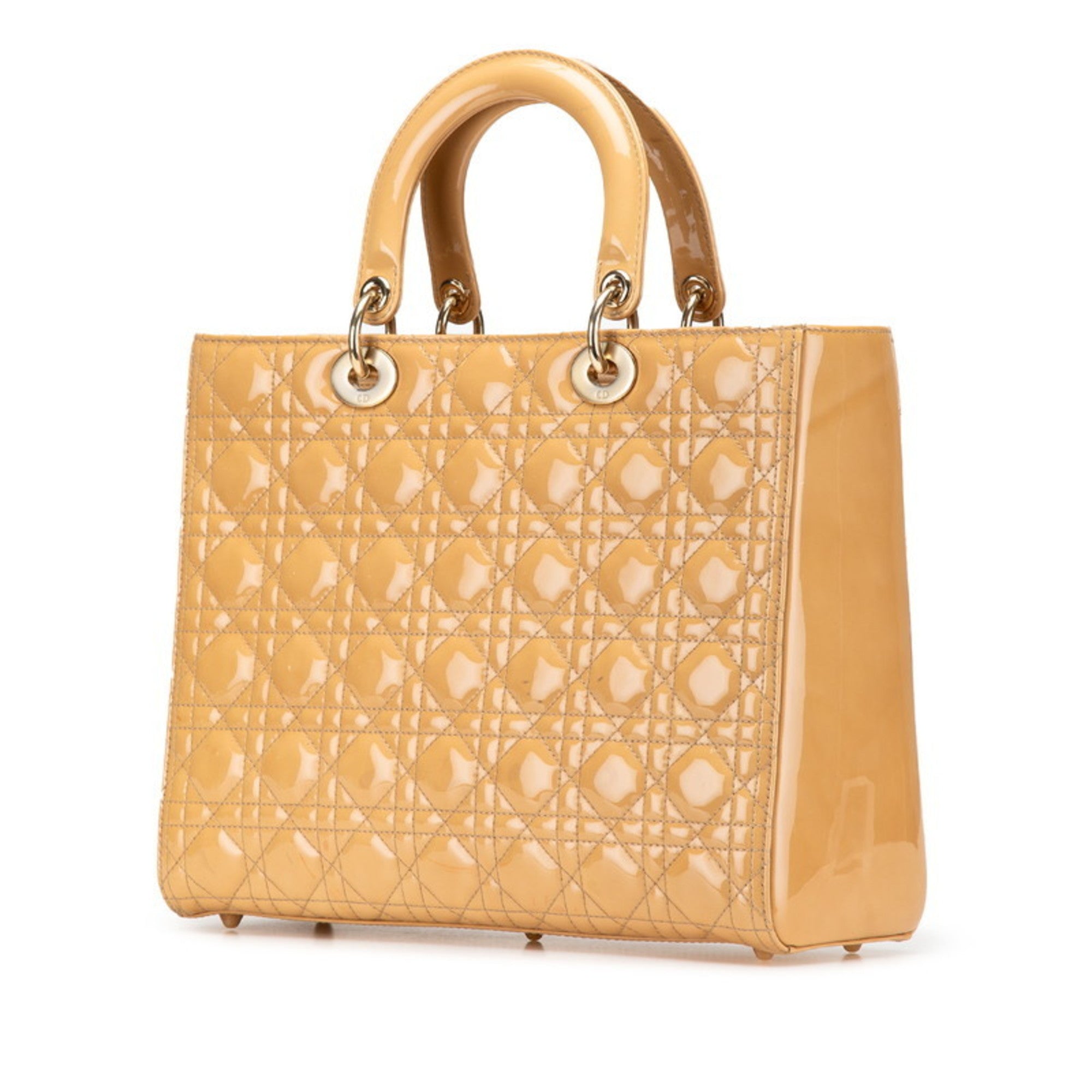 CRD Dior Dior Cannage Lady Large Handbag/Shoulder Bag, 2-Way, Beige Patent Leather, Women's,