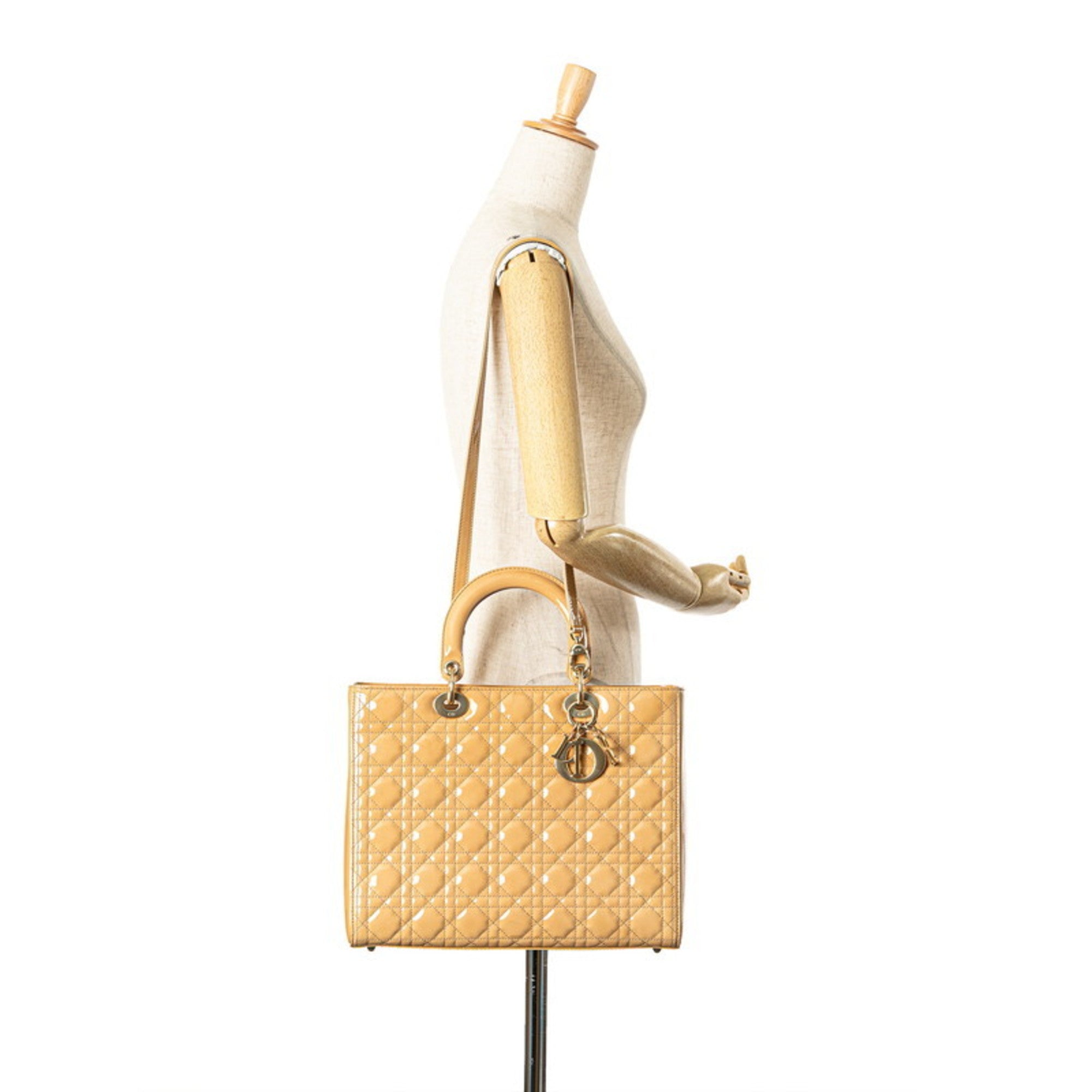 CRD Dior Dior Cannage Lady Large Handbag/Shoulder Bag, 2-Way, Beige Patent Leather, Women's,