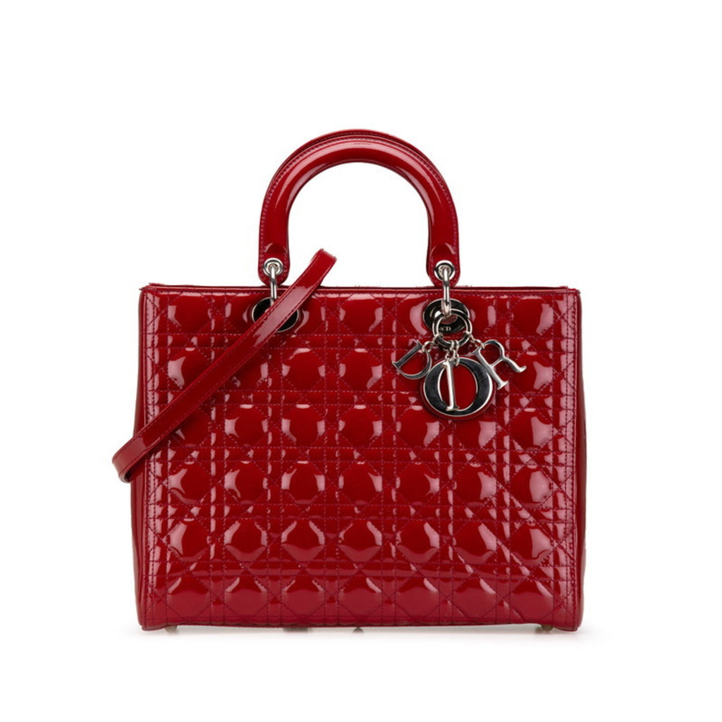 CRD Dior Dior Cannage Lady Large Handbag/Shoulder Bag, 2-Way, Red Patent Leather, Women's,