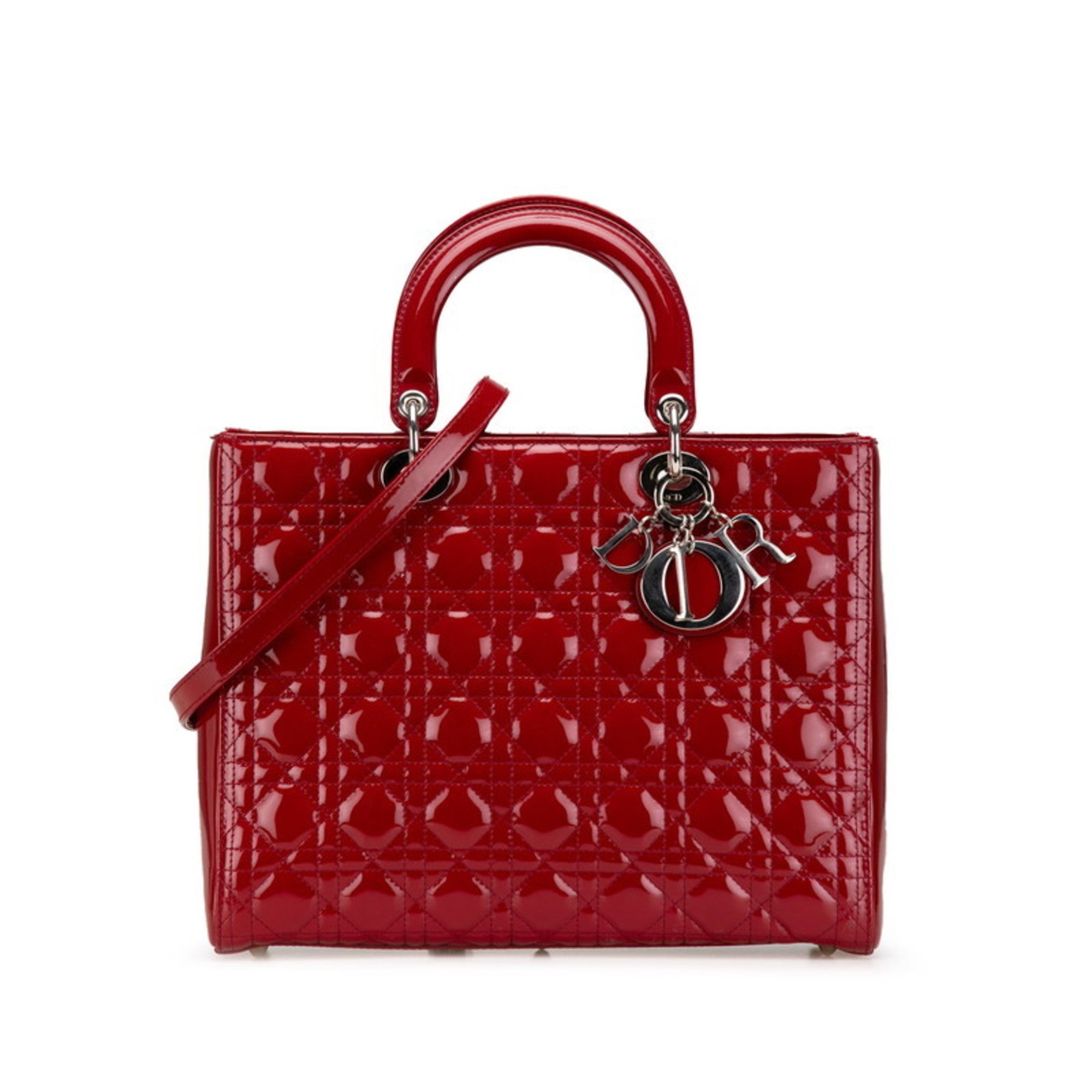 CRD Dior Dior Cannage Lady Large Handbag/Shoulder Bag, 2-Way, Red Patent Leather, Women's,