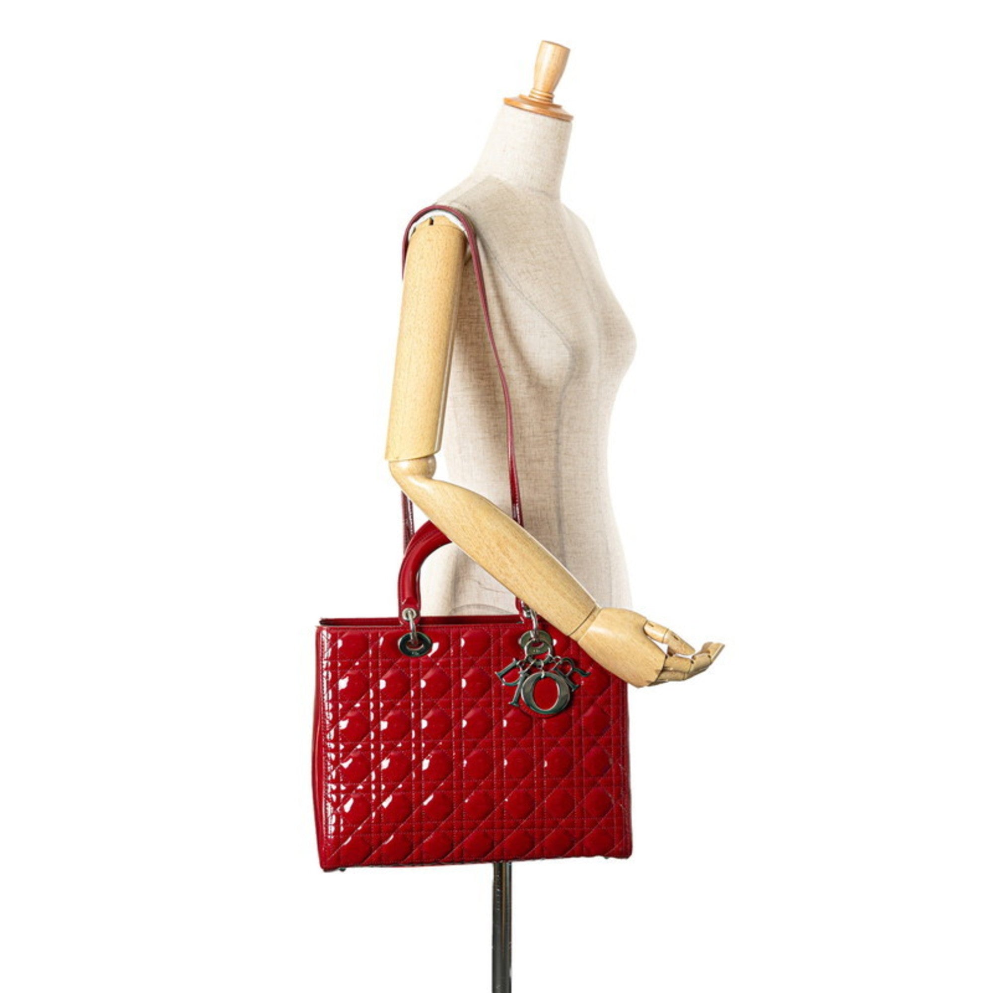 CRD Dior Dior Cannage Lady Large Handbag/Shoulder Bag, 2-Way, Red Patent Leather, Women's,