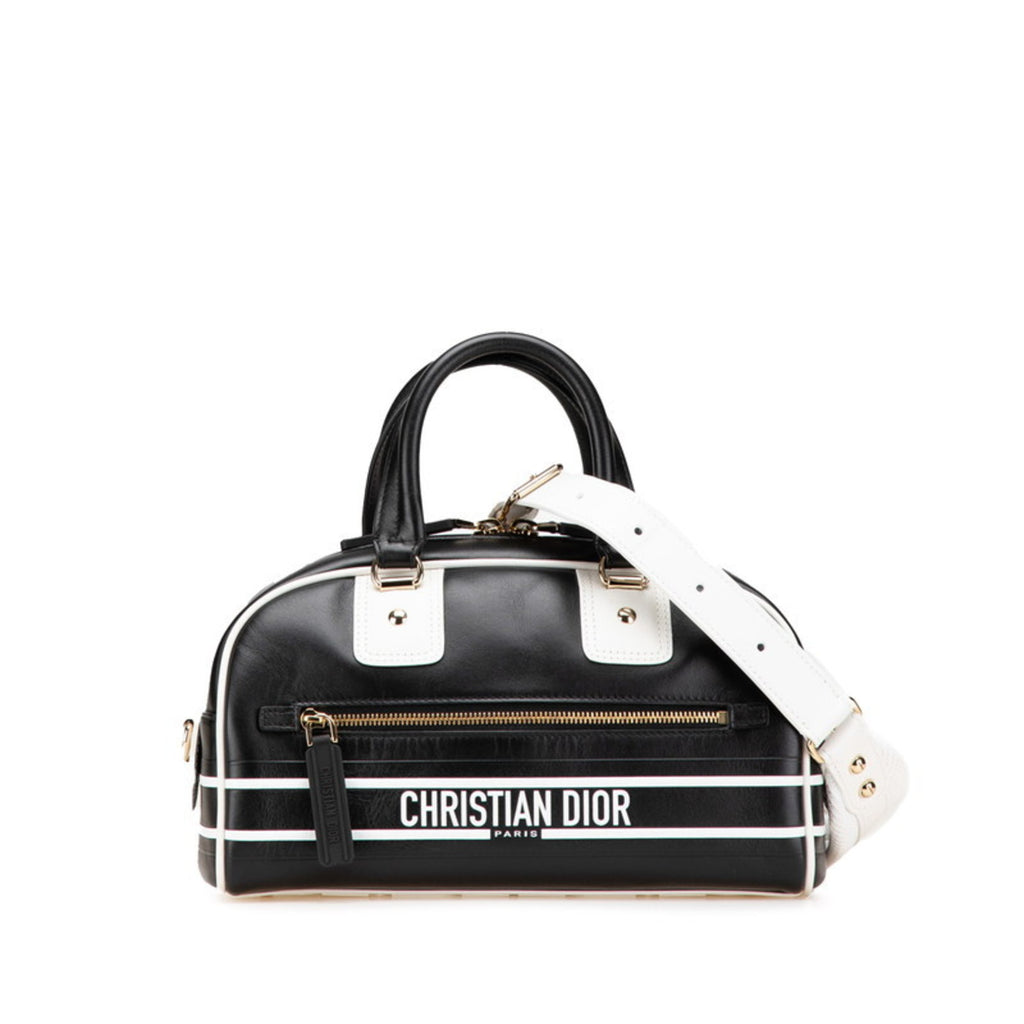 CRD Dior Dior Vibe Bowling Bag, Handbag/Shoulder 2-Way, Black/White Leather, Women's