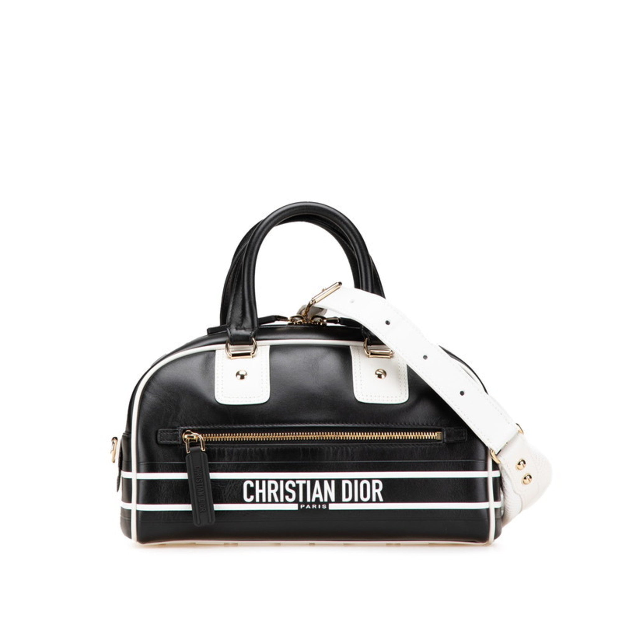 CRD Dior Dior Vibe Bowling Bag, Handbag/Shoulder 2-Way, Black/White Leather, Women's