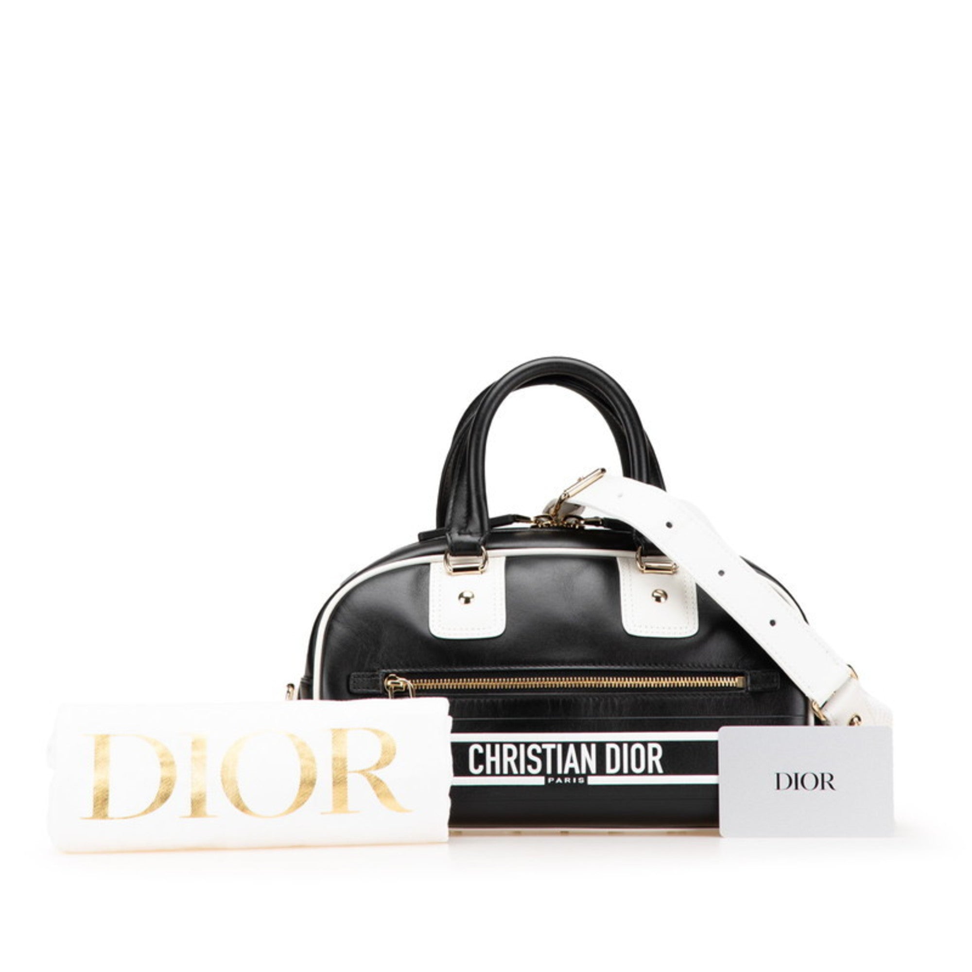 CRD Dior Dior Vibe Bowling Bag, Handbag/Shoulder 2-Way, Black/White Leather, Women's