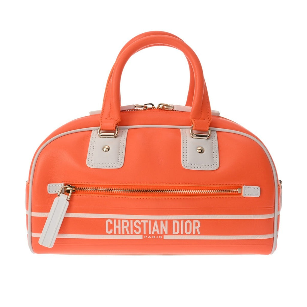 CRD DIOR Vibe Small Bowling Bag in Orange/White, Italian Leather Handbag for Women