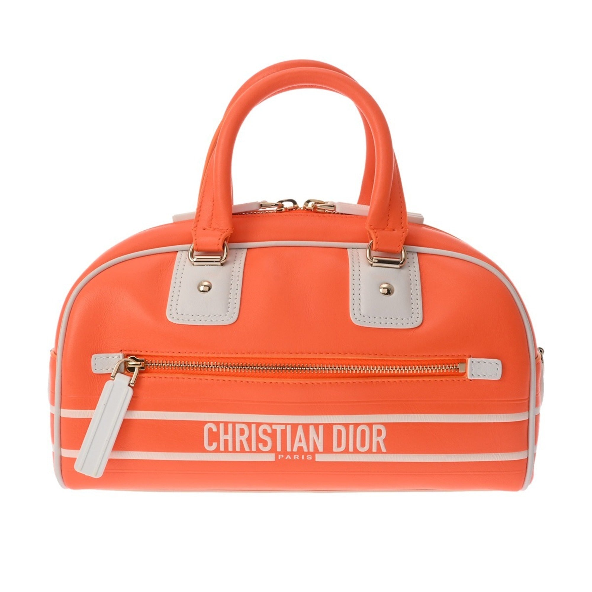 CRD DIOR Vibe Small Bowling Bag in Orange/White, Italian Leather Handbag for Women
