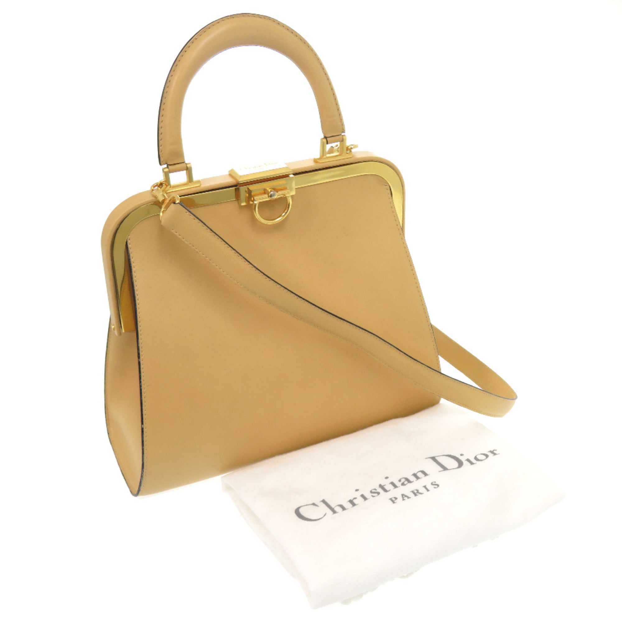CRD Dior Vintage Leather Beige Shoulder Bag with Gold Hardware and Clasp Closure, 0697