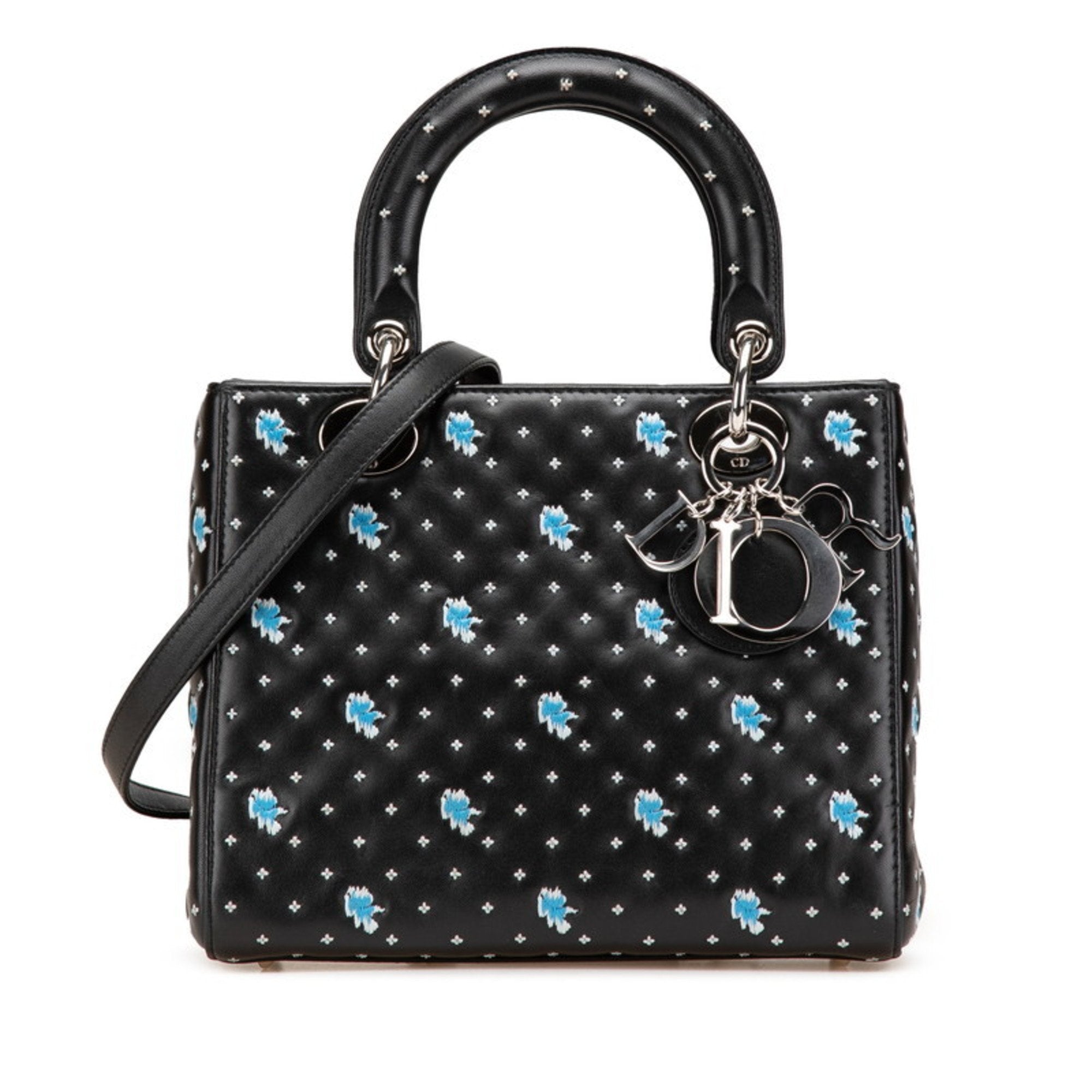 CRD Dior Dior Embroidered Flower Handbag/Shoulder Bag, 2-Way, Black/Blue Leather, Women's,
