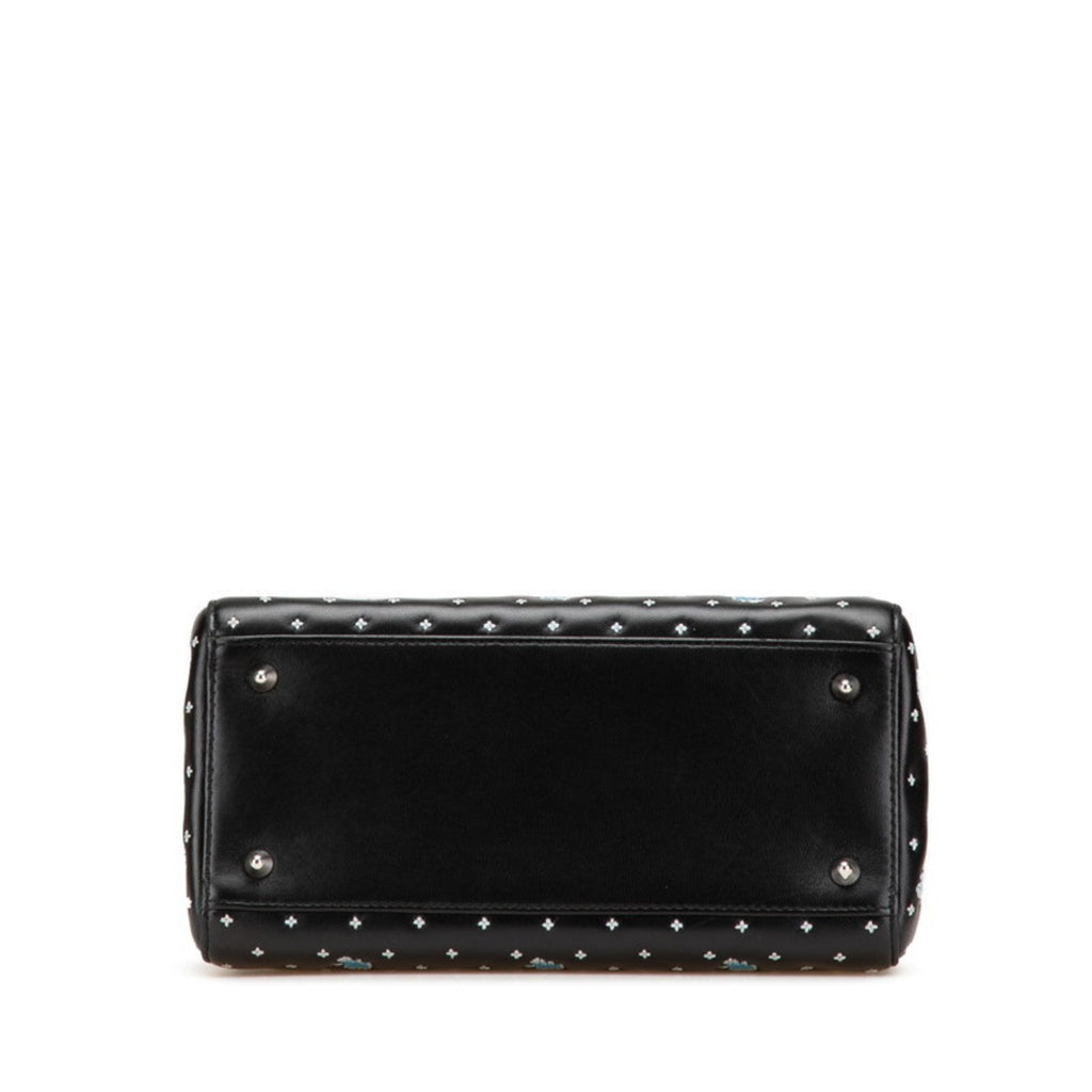 CRD Dior Dior Embroidered Flower Handbag/Shoulder Bag, 2-Way, Black/Blue Leather, Women's,