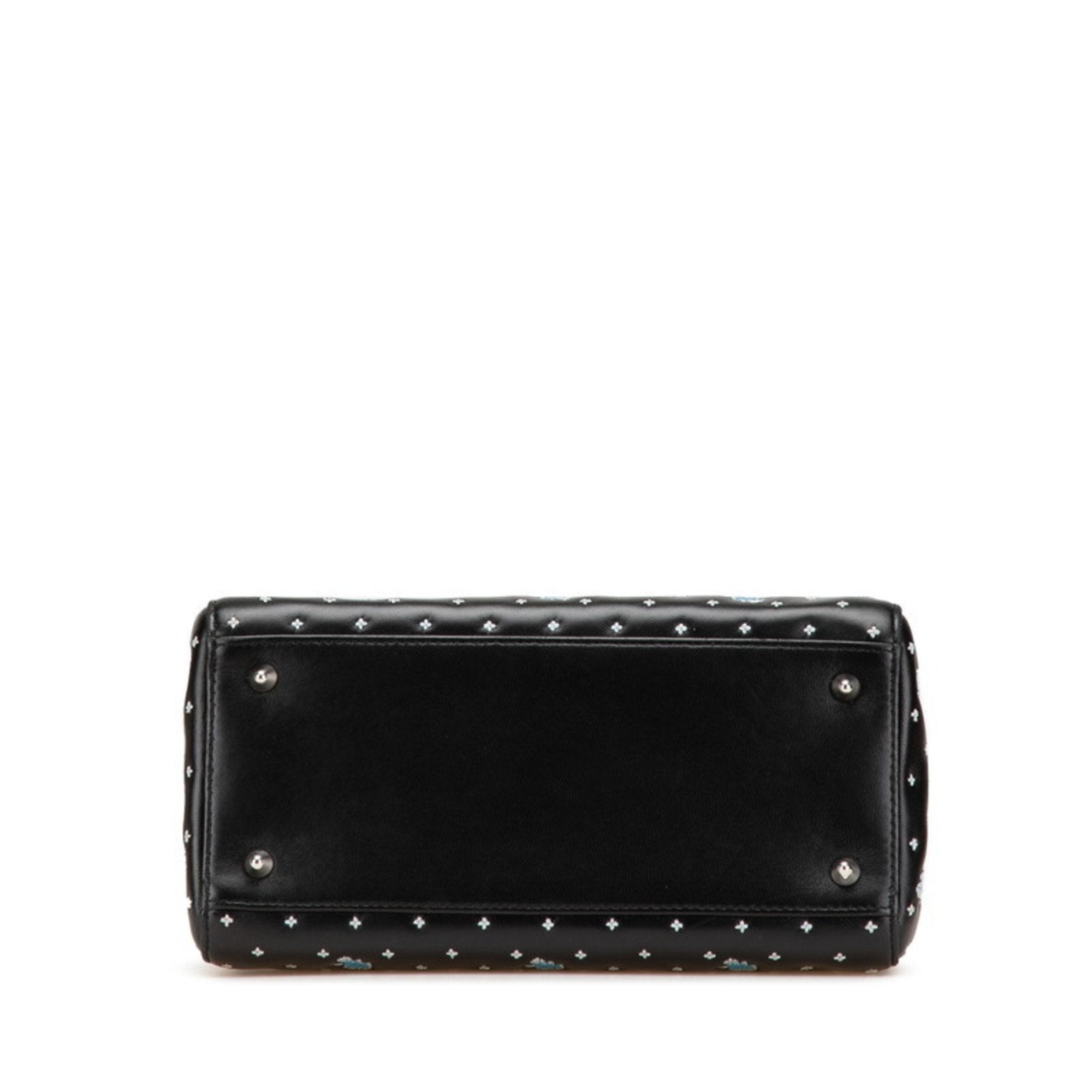 CRD Dior Dior Embroidered Flower Handbag/Shoulder Bag, 2-Way, Black/Blue Leather, Women's,