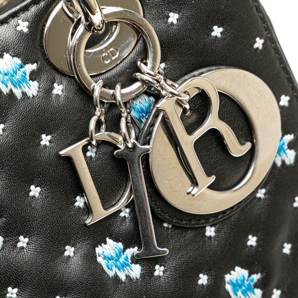 CRD Dior Dior Embroidered Flower Handbag/Shoulder Bag, 2-Way, Black/Blue Leather, Women's,