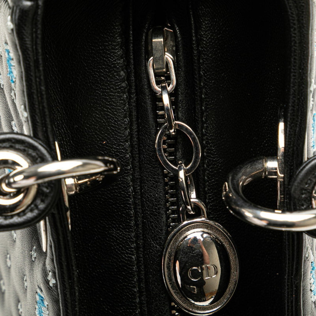CRD Dior Dior Embroidered Flower Handbag/Shoulder Bag, 2-Way, Black/Blue Leather, Women's,
