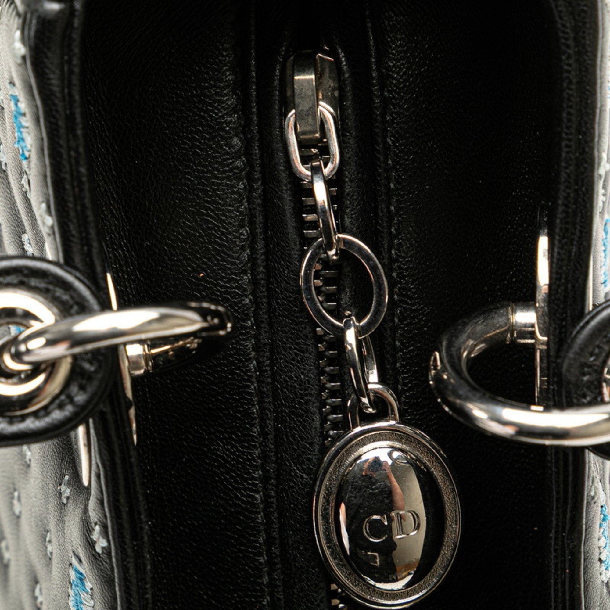 CRD Dior Dior Embroidered Flower Handbag/Shoulder Bag, 2-Way, Black/Blue Leather, Women's,