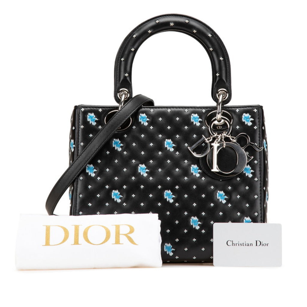 CRD Dior Dior Embroidered Flower Handbag/Shoulder Bag, 2-Way, Black/Blue Leather, Women's,