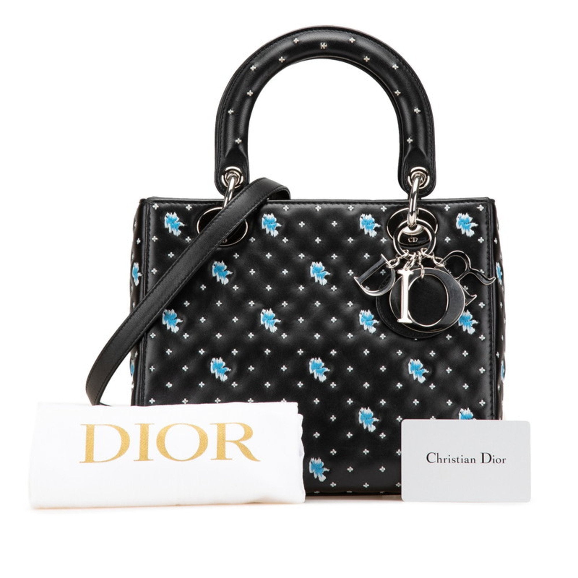 CRD Dior Dior Embroidered Flower Handbag/Shoulder Bag, 2-Way, Black/Blue Leather, Women's,