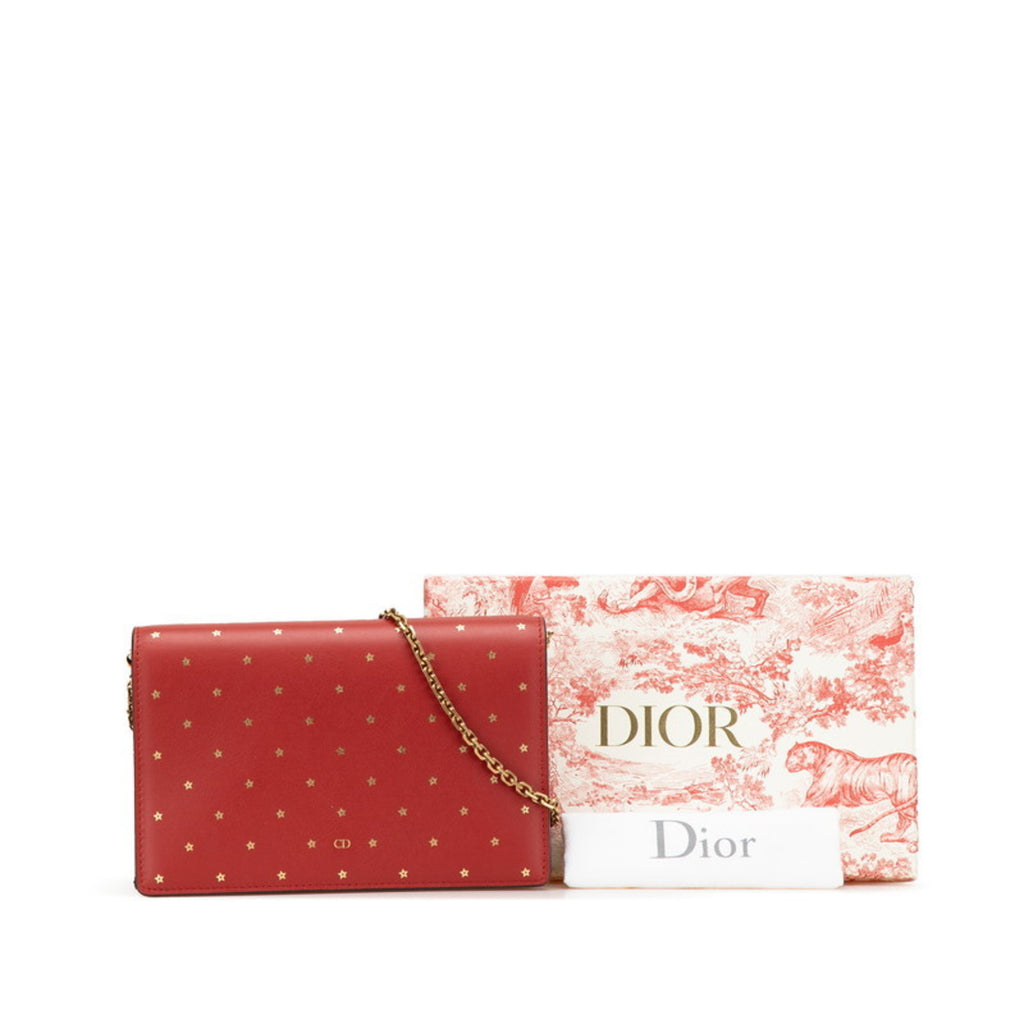 CRD Dior Dior Star Chain Wallet Shoulder Bag Red Gold Leather Women's