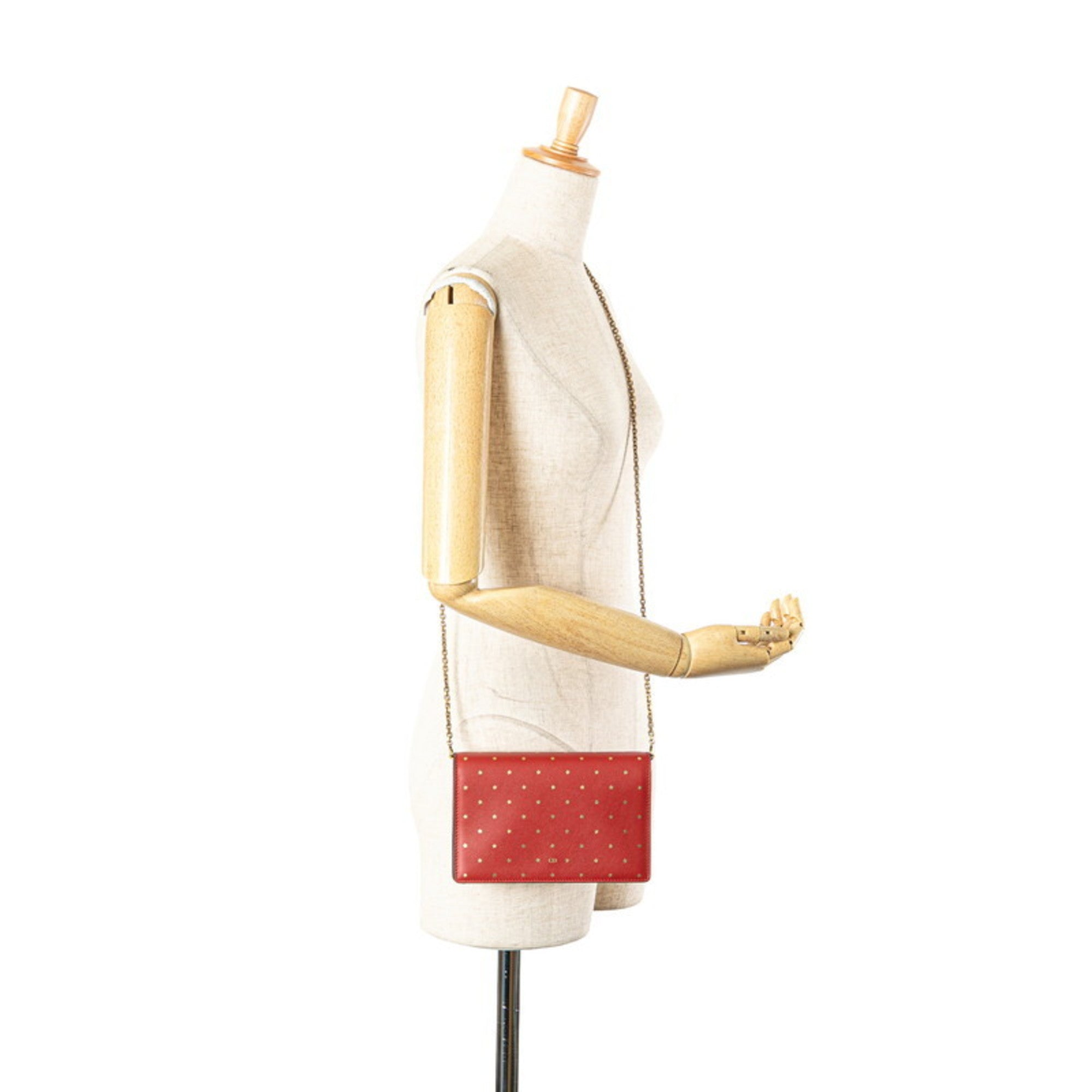 CRD Dior Dior Star Chain Wallet Shoulder Bag Red Gold Leather Women's