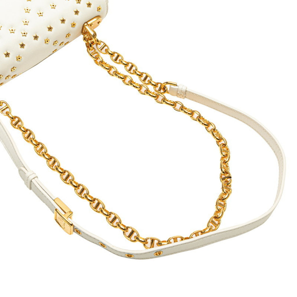 CRD Dior Caro Lucky Star Chain Shoulder Bag White Calfskin Women's