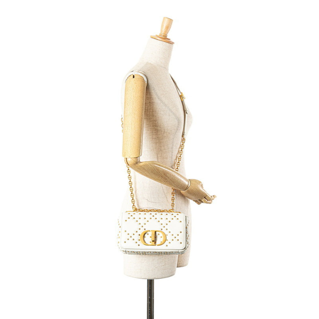 CRD Dior Caro Lucky Star Chain Shoulder Bag White Calfskin Women's