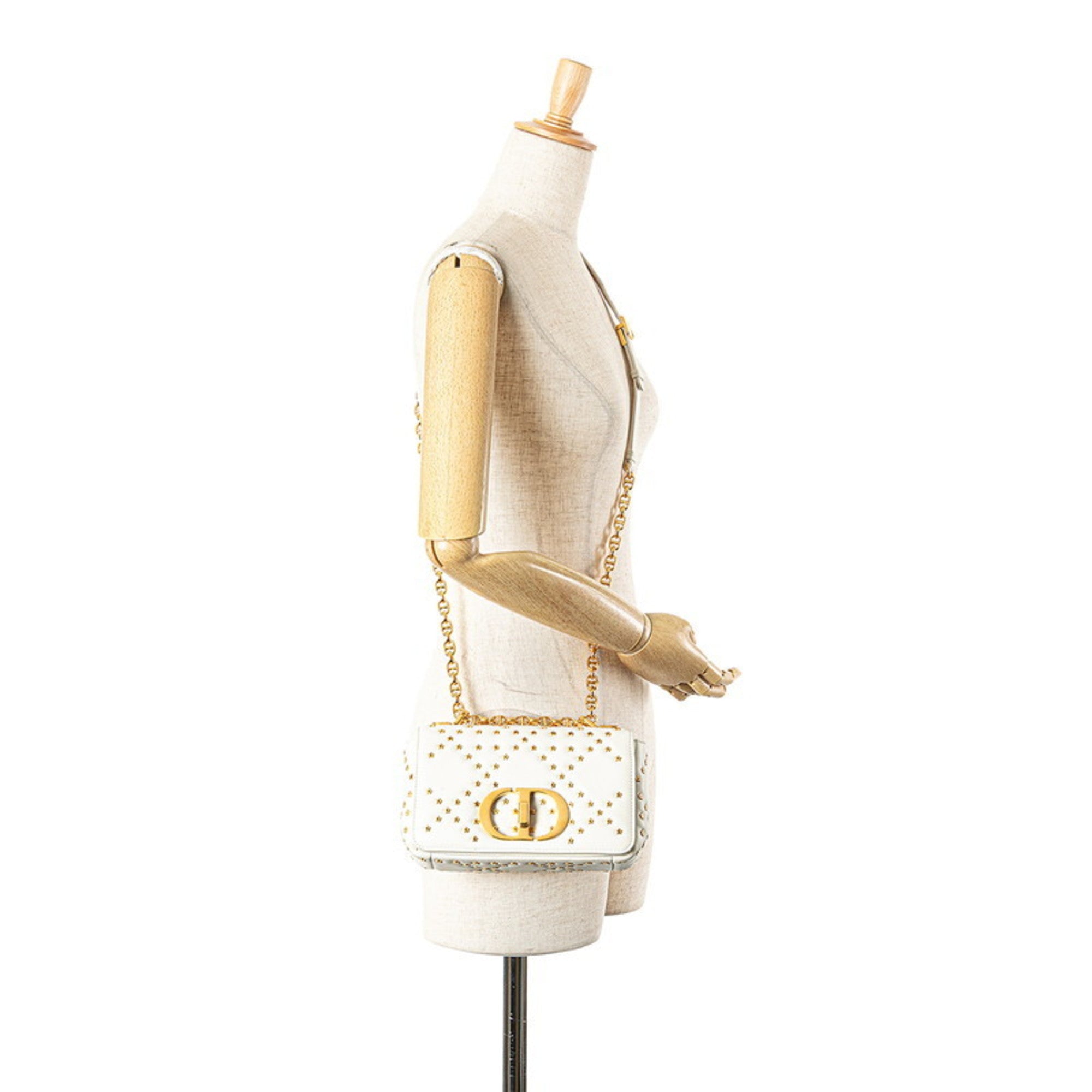 CRD Dior Caro Lucky Star Chain Shoulder Bag White Calfskin Women's