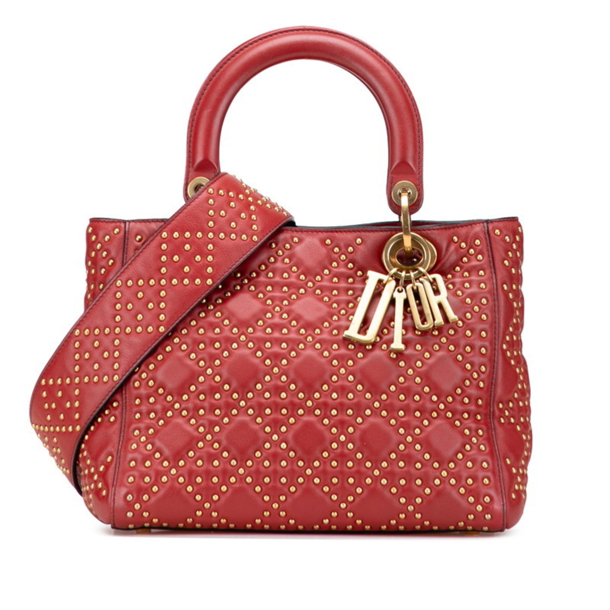 CRD Dior Dior Cannage Lady Stud Handbag/Shoulder Bag 2WAY M0579CVNZ Red Gold Lambskin Women's