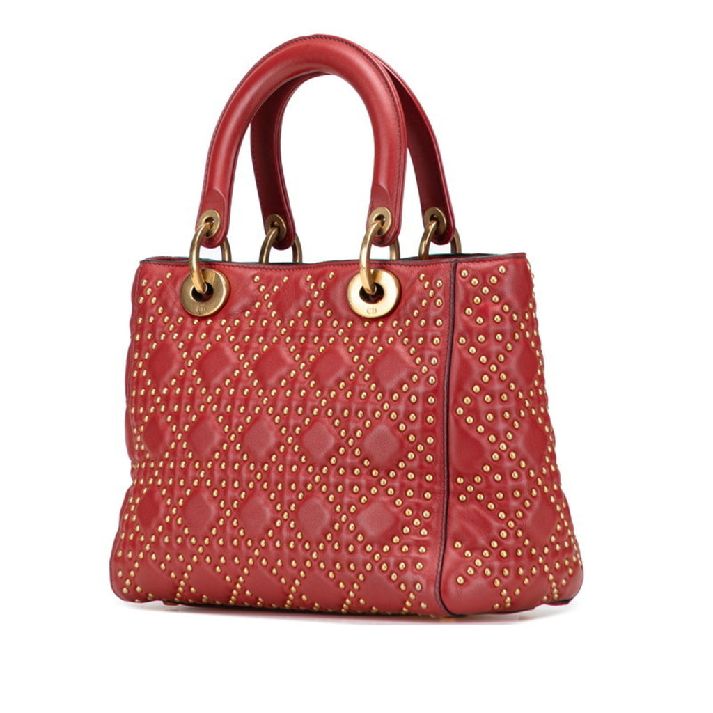 CRD Dior Dior Cannage Lady Stud Handbag/Shoulder Bag 2WAY M0579CVNZ Red Gold Lambskin Women's