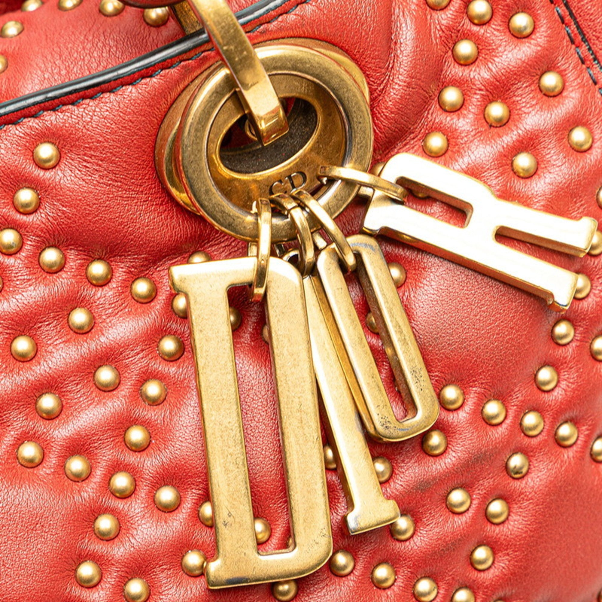 CRD Dior Dior Cannage Lady Stud Handbag/Shoulder Bag 2WAY M0579CVNZ Red Gold Lambskin Women's