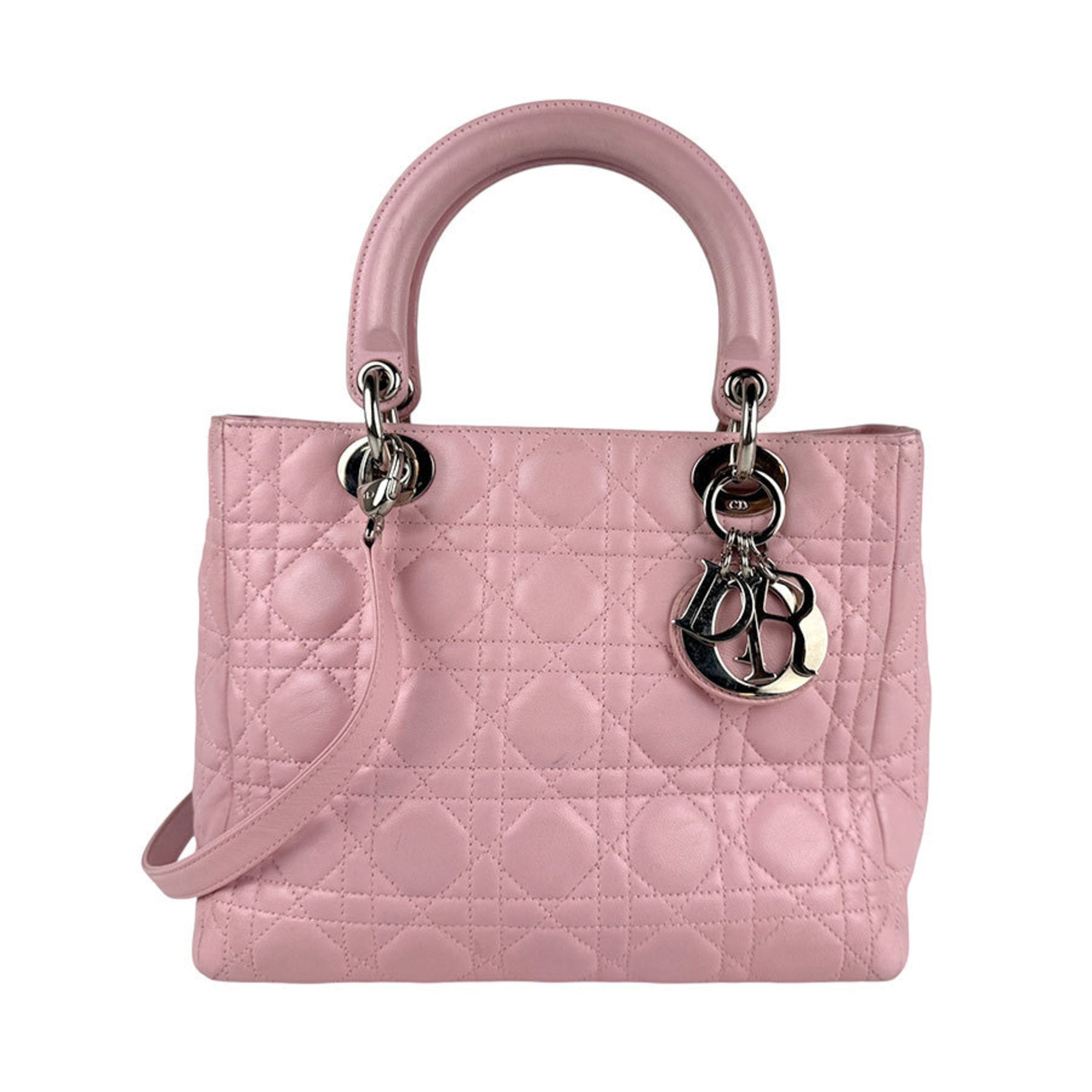 CRD Dior Lady handbag/shoulder bag in pink and silver lambskin, women's z6328