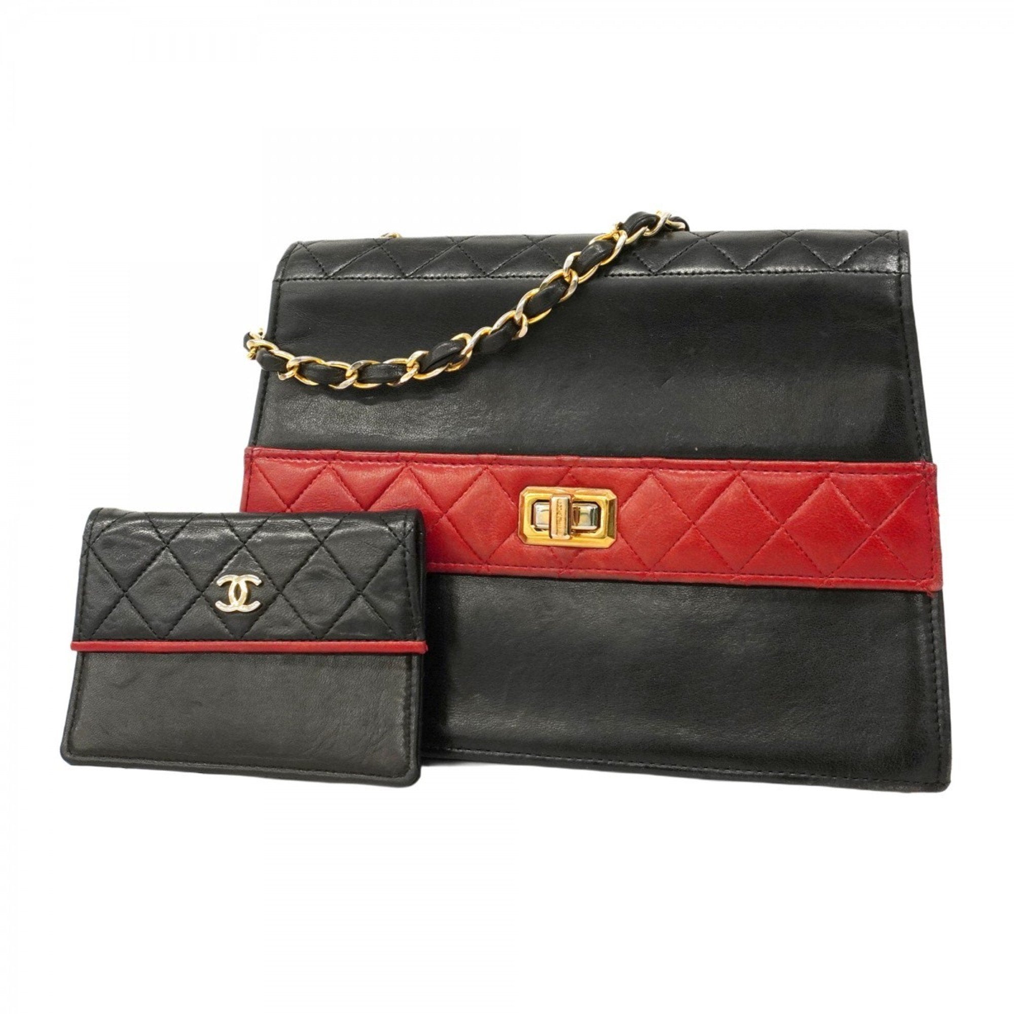 CHL Matelasse Shoulder Bag with Chain Bag, Lambskin, Black and Red, Women's