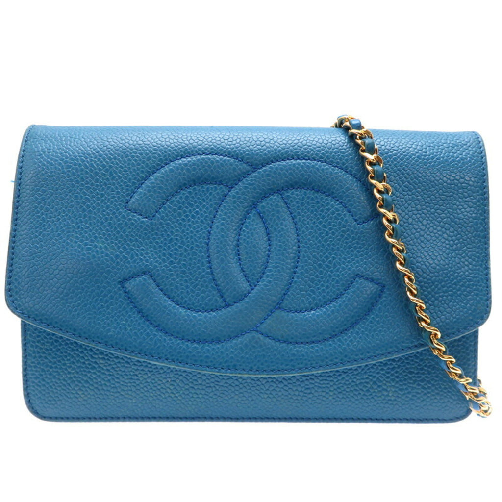 CHL Shoulder Strap Coco Mark Chain Wallet Women's Bag 8654 Caviar Skin Blue