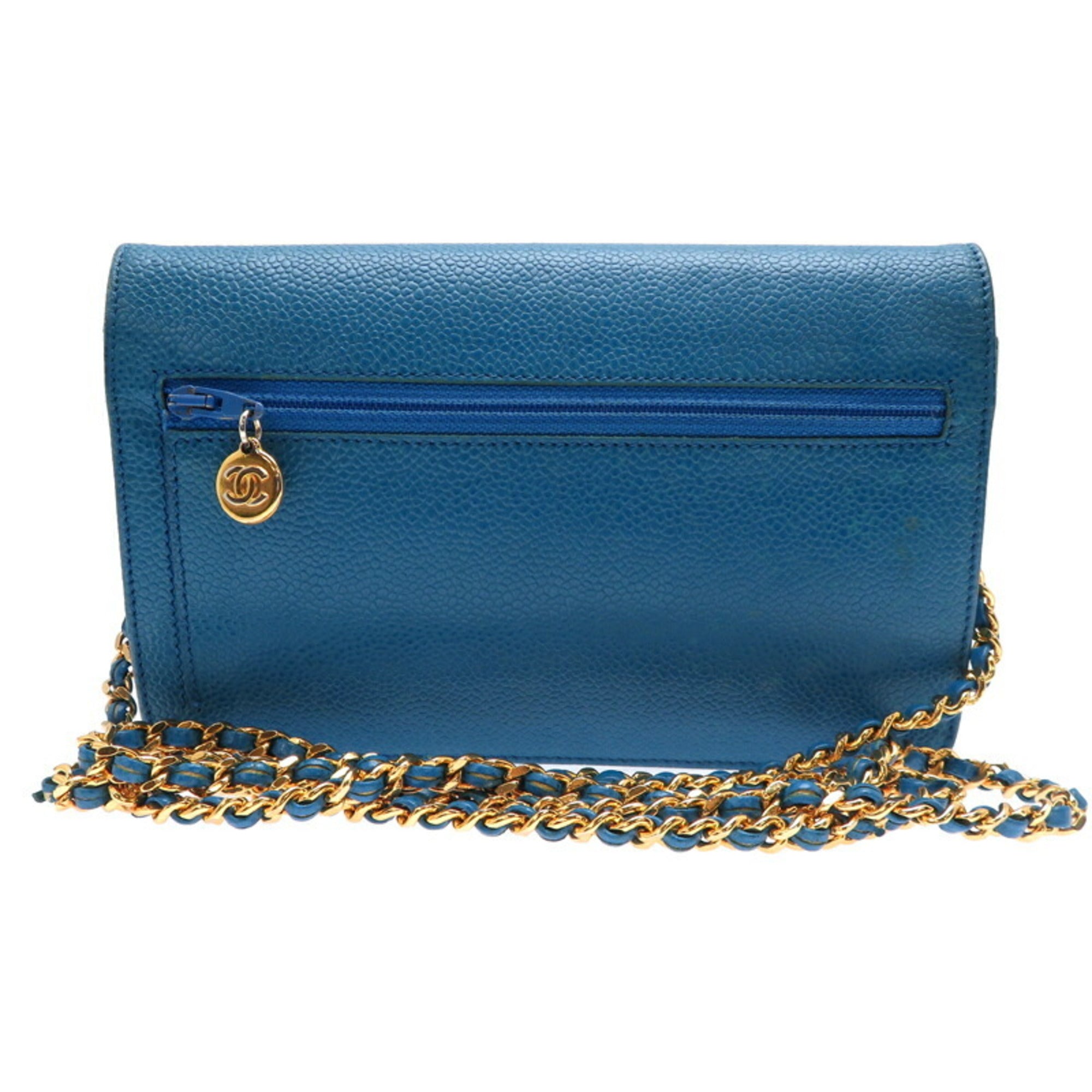 CHL Shoulder Strap Coco Mark Chain Wallet Women's Bag 8654 Caviar Skin Blue