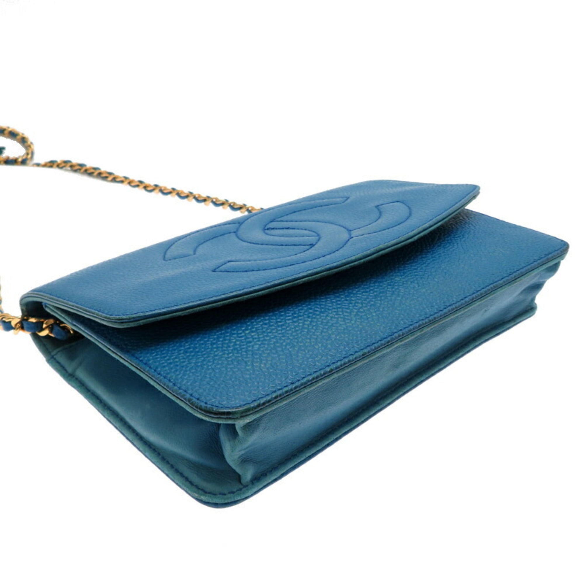 CHL Shoulder Strap Coco Mark Chain Wallet Women's Bag 8654 Caviar Skin Blue