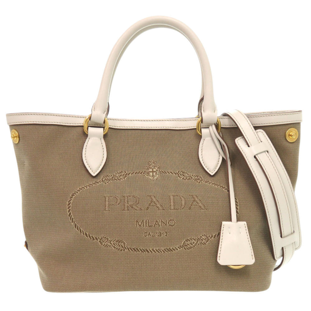 PDA Like new Prada Logo Jacquard 1BA172 Leather Corda Talc Beige White Shoulder Bag 0780 PRADA