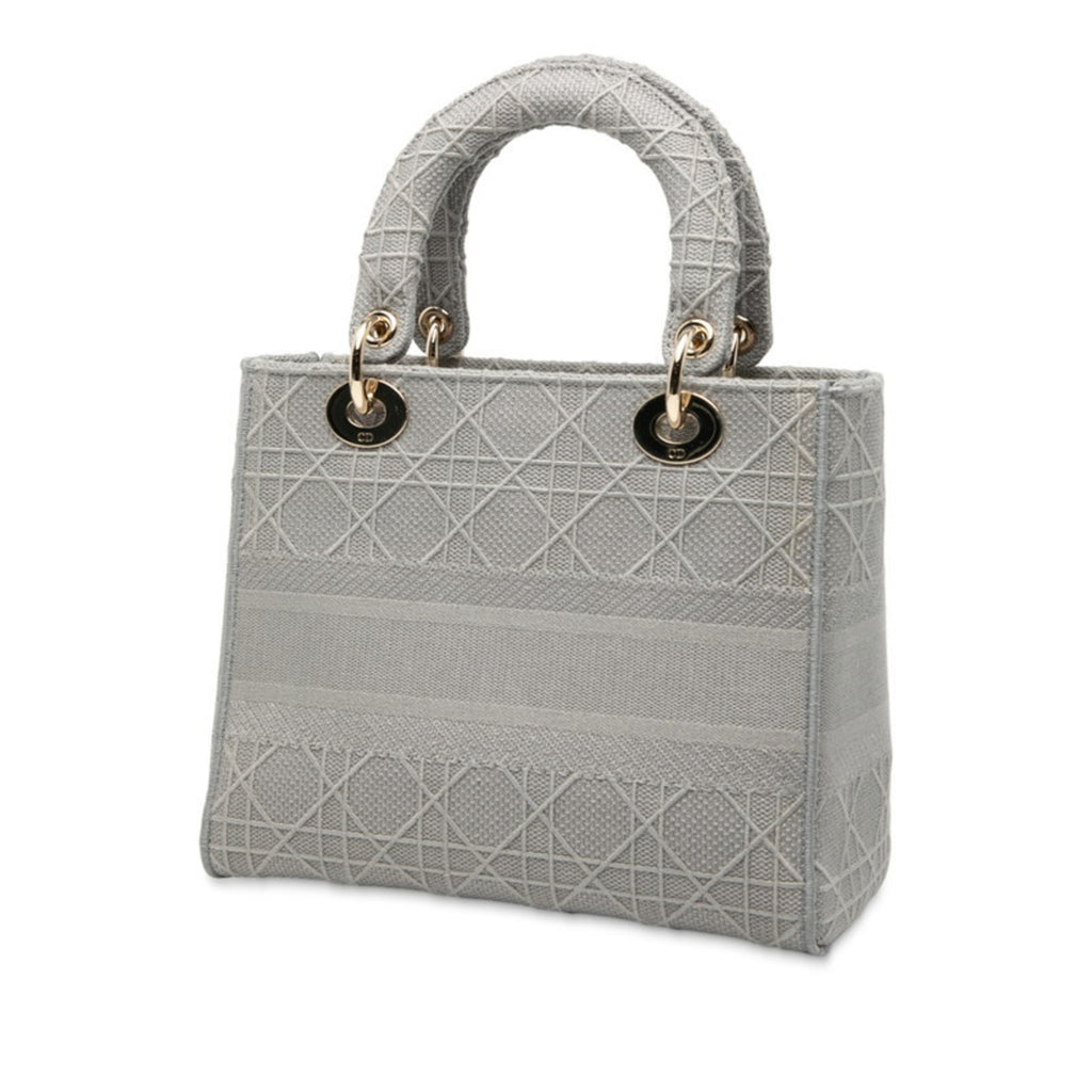 CRD Dior Cannage Lady Medium Handbag/Shoulder Bag, 2-Way, Gray Canvas, Women's