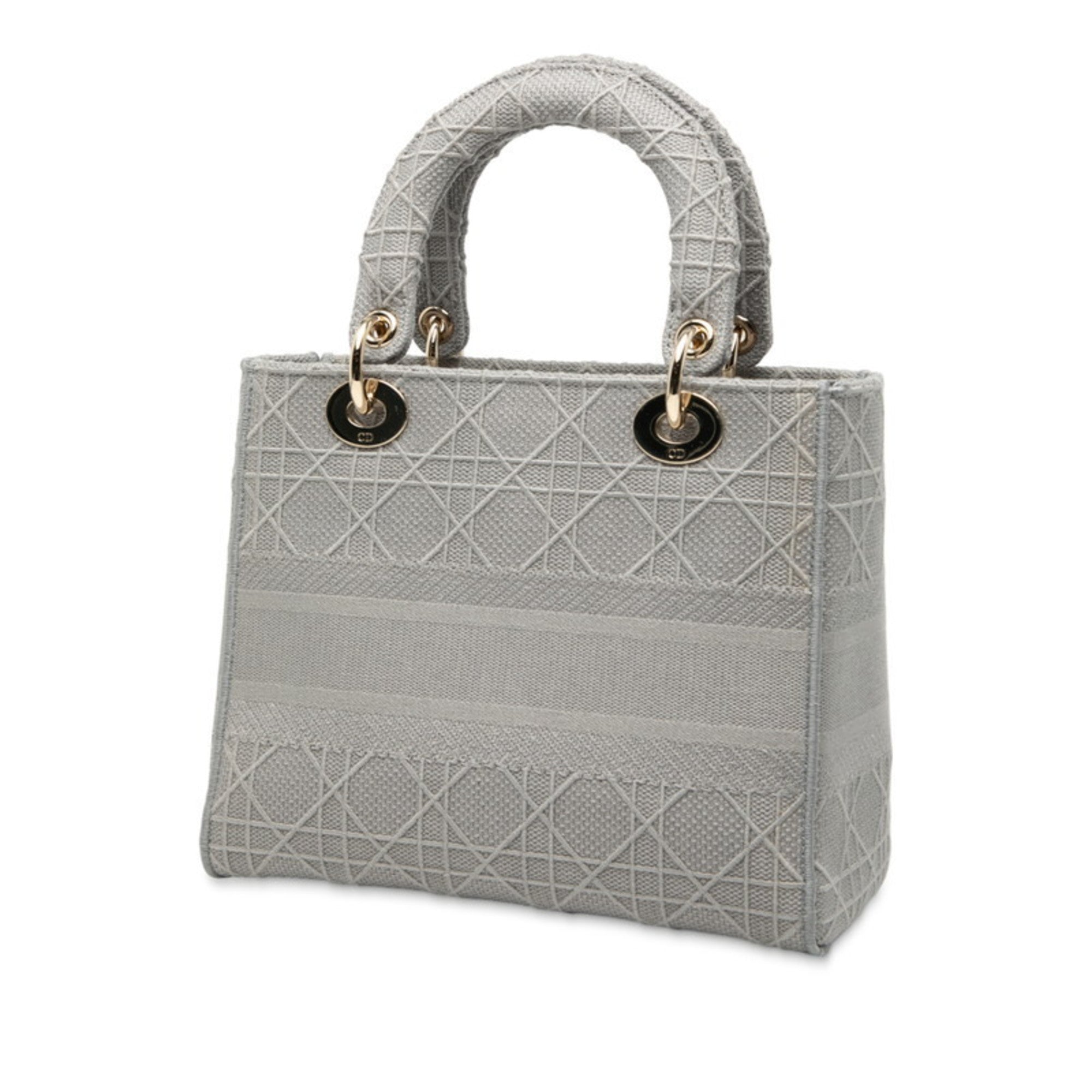 CRD Dior Cannage Lady Medium Handbag/Shoulder Bag, 2-Way, Gray Canvas, Women's