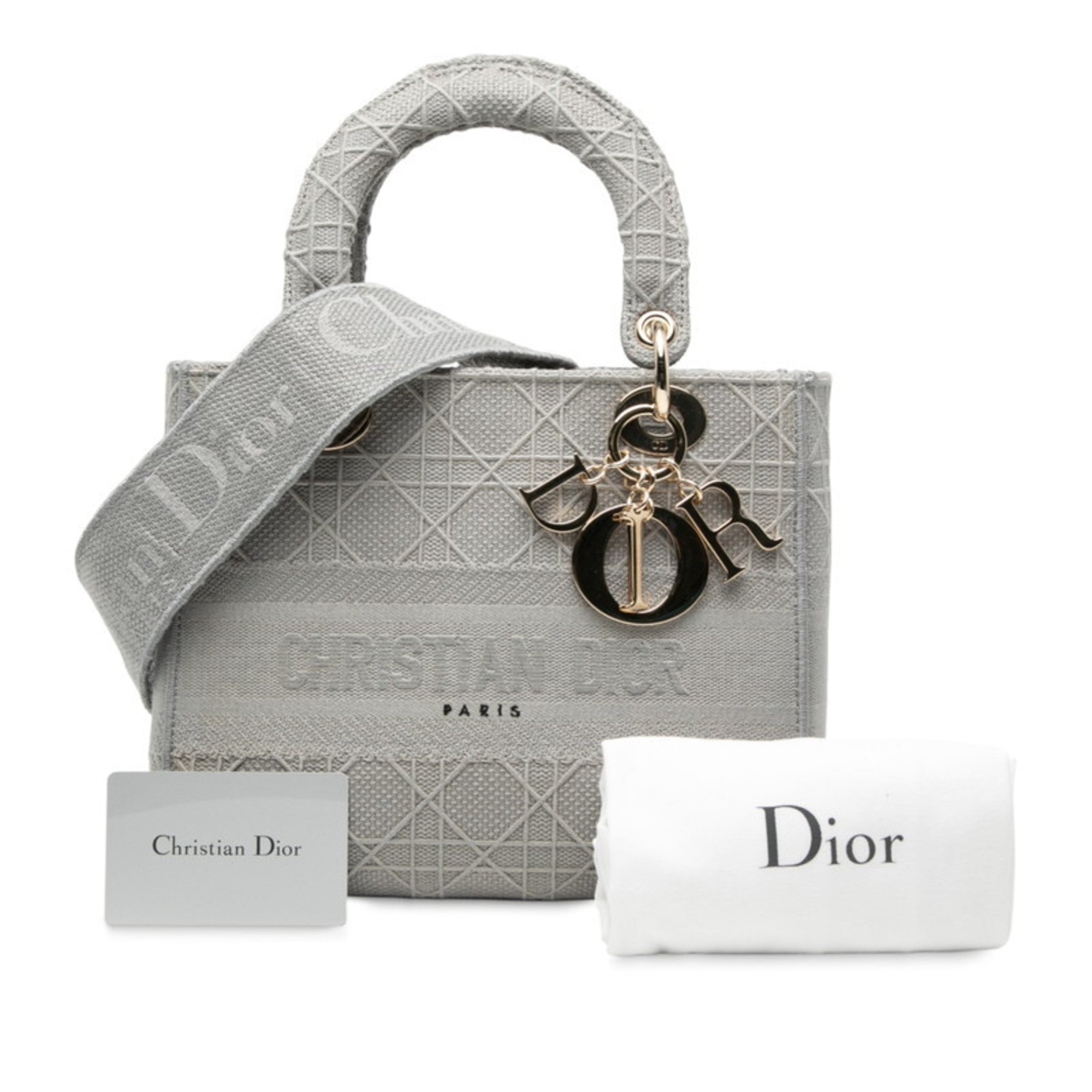 CRD Dior Cannage Lady Medium Handbag/Shoulder Bag, 2-Way, Gray Canvas, Women's