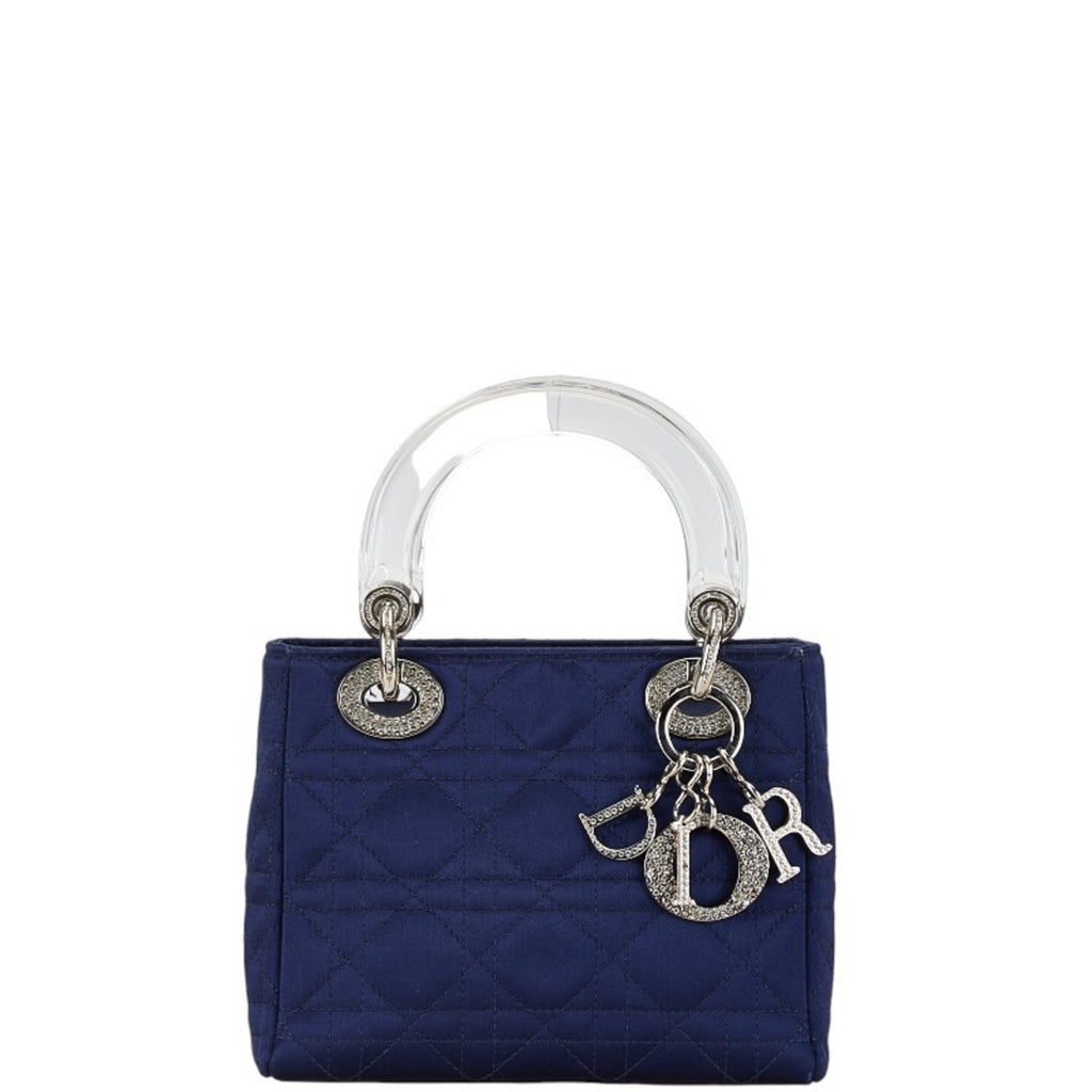 CRD Dior Dior Lady Rhinestone Handbag Navy Satin Plastic Women's