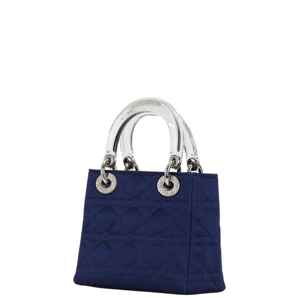 CRD Dior Dior Lady Rhinestone Handbag Navy Satin Plastic Women's